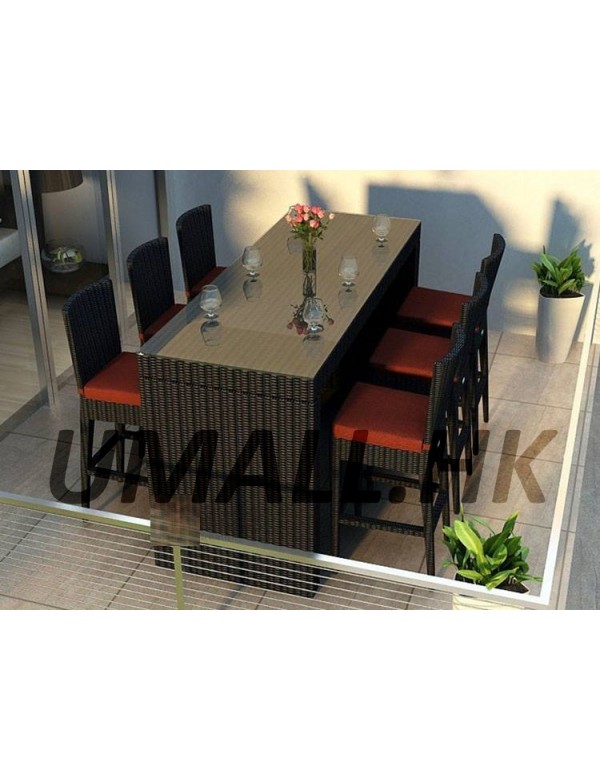 Rattan Bar stool table and 6 chairs with cushions