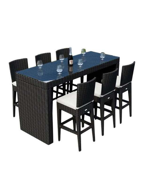 Rattan Bar stool table and 6 chairs with cushions